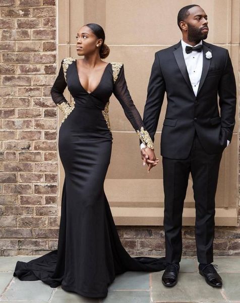 

plus size black girl prom dresses gold lace formal evening gowns mermaid dress long sleeves backless black prom dresses219e