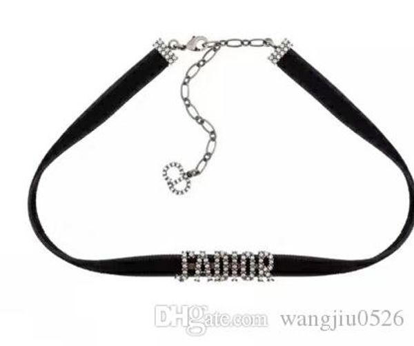 

high-end retro heart shape crystal letters pendant chokers necklace with stamp black ribbon chain letters necklace women fashion jewelry, Golden;silver