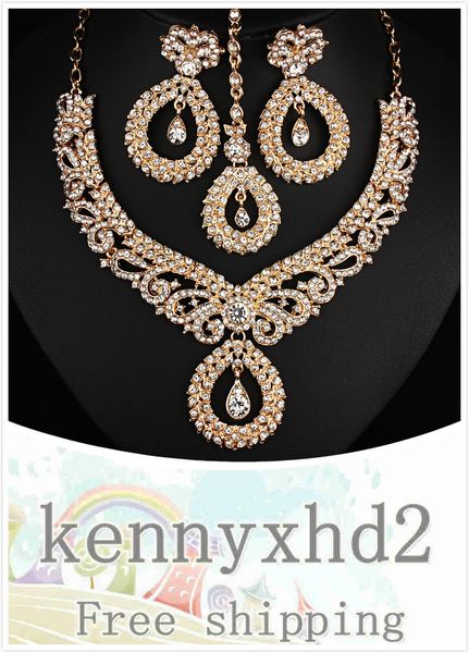 

white rhinestone necklace earrings forehead chain three piece indian bridal wedding jewelry set, Silver