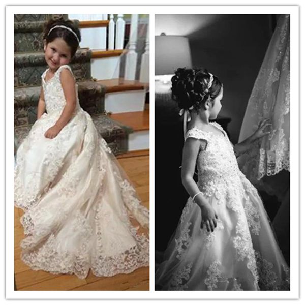 

2020 кружево цветок девочка платье для свадьбы v шеи спагетти ремня блестки аппликация тюль атласной развертки поезд ivory pageant платья дл, White;blue