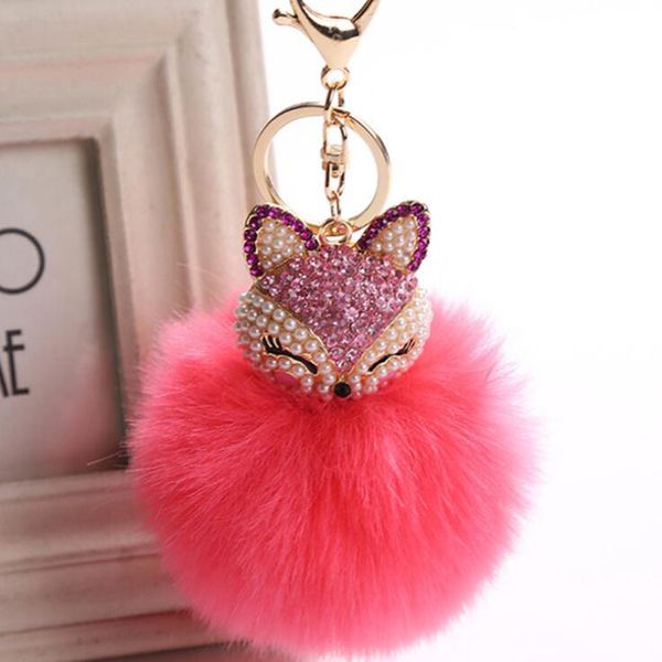 Winter Faux Rabbit Fur Ball Keychain with Rhinestone Fox Head Keyring Pompom Fluffy Key Chains Crystal For Women