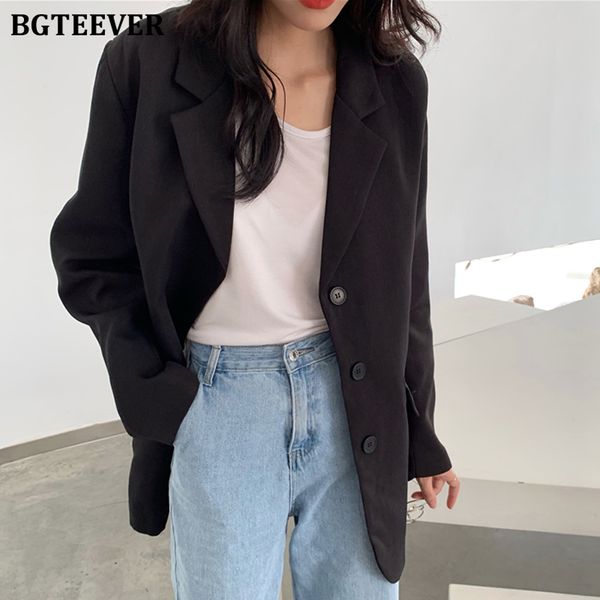 

bgteever casual loose single-breasted women blazer jacket notched collar long sleeve basic female black suit outwear 2020, White;black