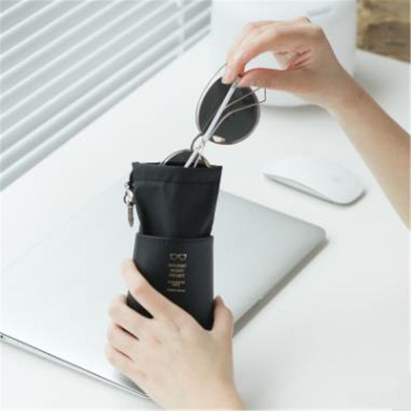 

eyeglass sunglasses slip case pouch with clip soft case holder pu patchwork black, Silver