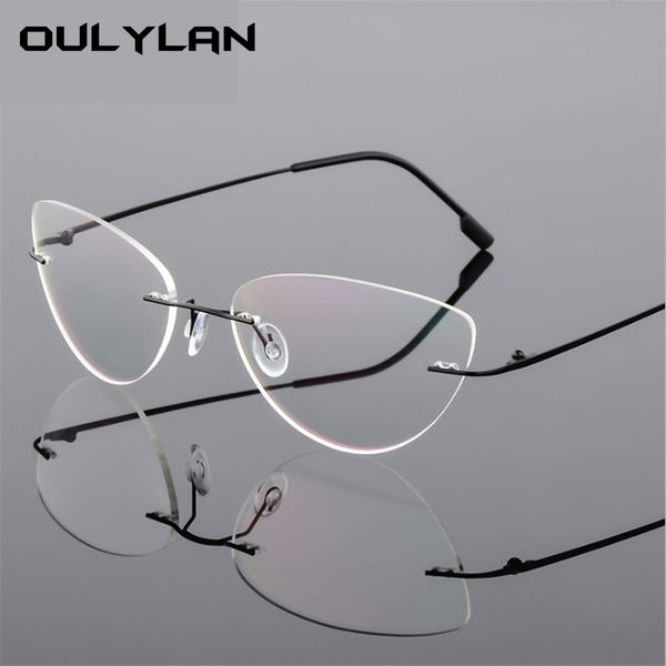 

oulylan rimless cat eye titanium alloy glasses frame men ultralight eyeglasses women frameless eyewear optical myopia frame, Black