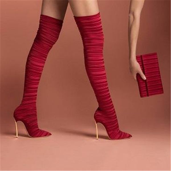 

emma king new fall winter stretch fabric pleated women boots pointed toe thin heel 12 cm fashion thigh high boots plus size 43, Black