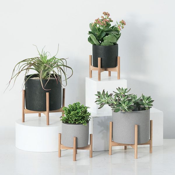

nordic desksolid wood flower stand cement fleshy flower pot creative simple living room balcony assembly cement pot