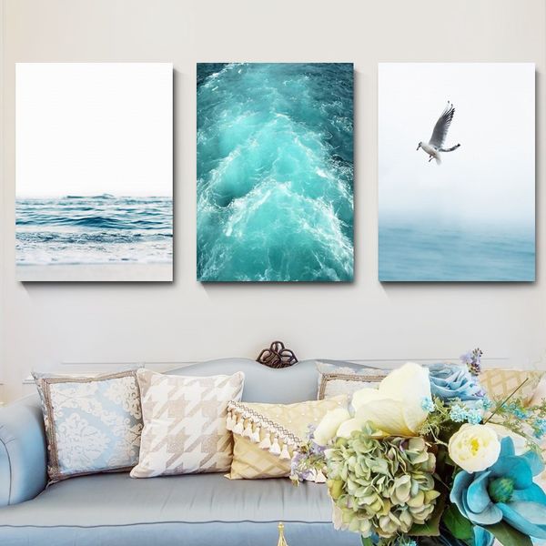 

blue sea and sky nordic landscape canvas painting seagull waves beach art poster living room decor seabirds wall pictures