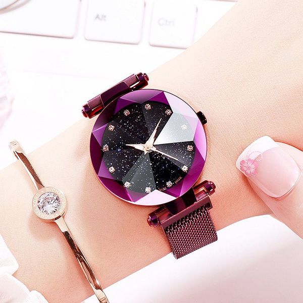 

2019 new luxury female watch magnet stainless steel mesh strap women quartz watches fashion starry sky dial ladies wristwatches, Slivery;brown