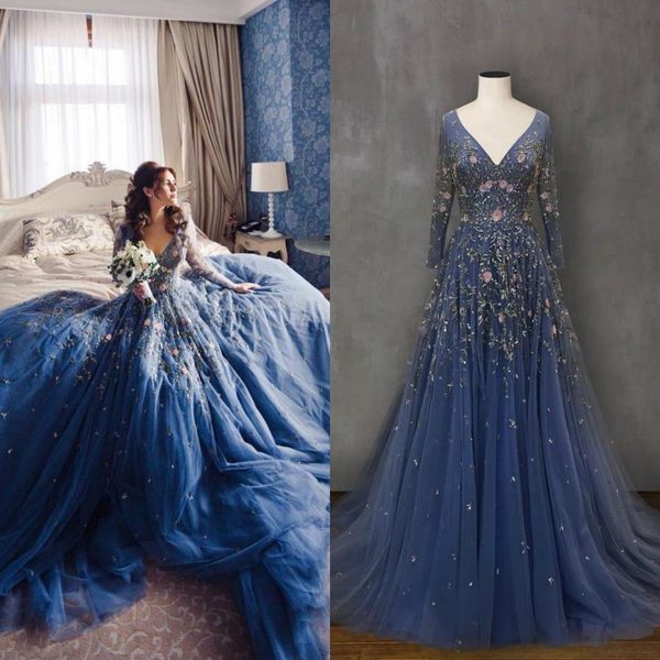 Abiti da ballo fantasia a maniche lunghe 2019 Abiti da sposa Boho con scollo a V in pizzo Immagine reale su misura