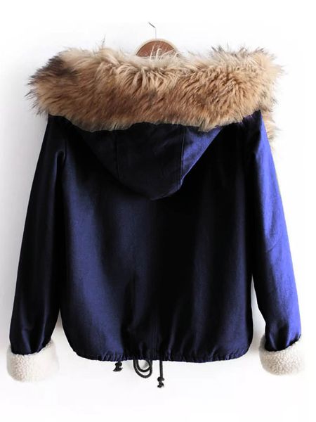 

2018 autumn and winter selling furry collar hooded coat fashion hem lace-up long-sleeved coat, Blue;black