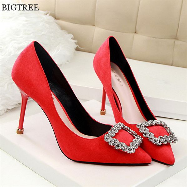 

elegant rhinestone square buckle pointed toe shoes 2019 new solid flock shallow women pumps fashion women's high heels 9cm shoes, Black