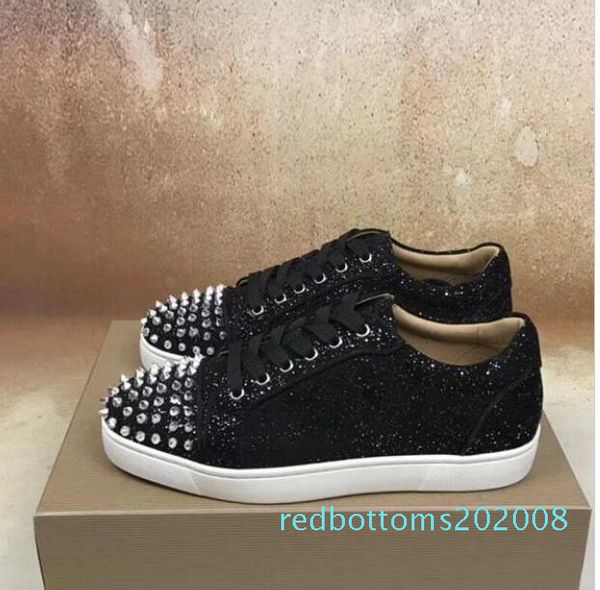 

popular designer low spikes junior sneakers with rivets black shiny leather red bottom shoes men,women outdoor trainer size 35-46 r08