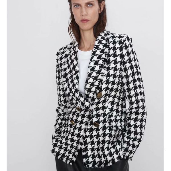 

rr double breasted blazers women fashion houndstooth casual jackets women elegant long sleeve suits female ladies ht y190923, White;black