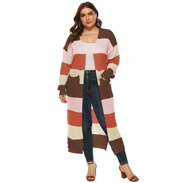 

xxxl plus size chubby girl lantern drop shoulder long sleeves front open pockets splits loose colorful stripe long cardigan knitted sweaters, White;black