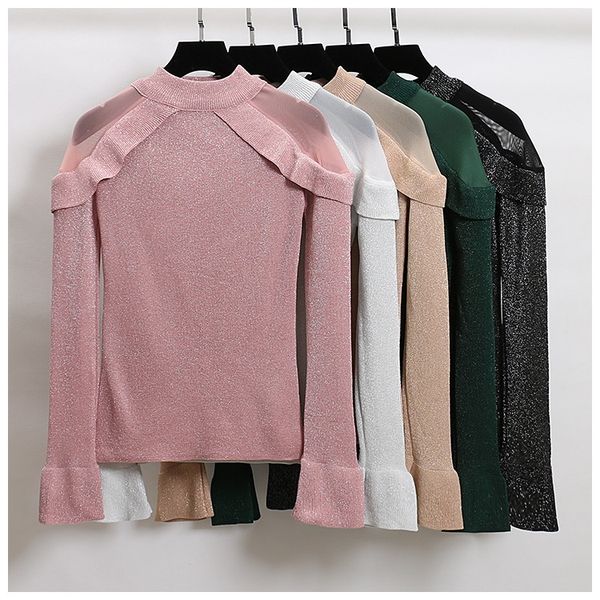 

women's t-shirt spring ruffles knit women long sleeve shirt bling o-neck glitter mesh female shiny flare 292, White