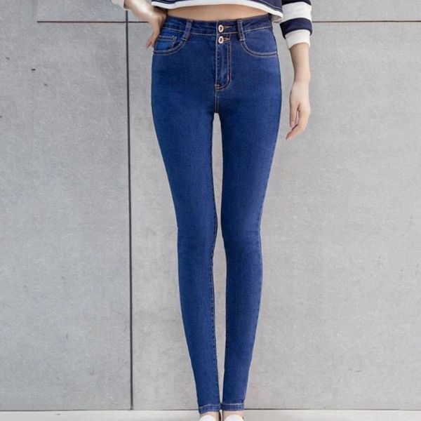 

fashion autumn 2019 slim high waist woman jeans pencil pants simple casual women's ankle-length jeans femme skinny pants, Blue