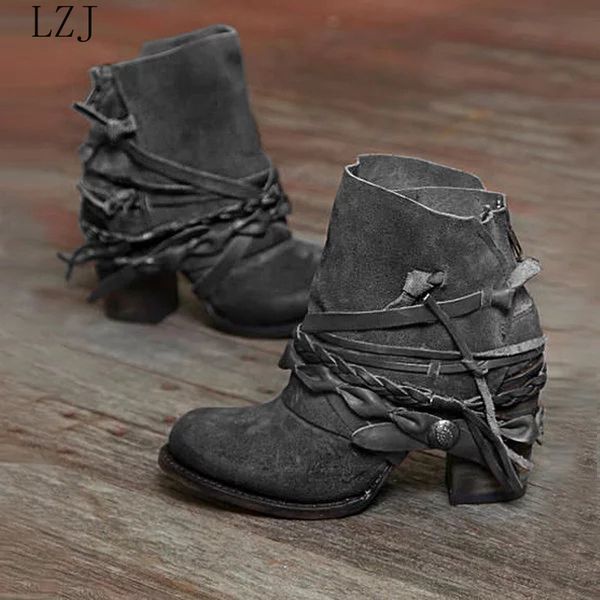 

lzj women ankle boots high heels pumps shoes boots women female gladiator round toe vintage pu leather mujer zapatos, Black