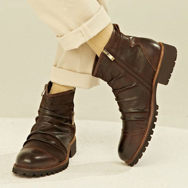 

shoes men new fashion boots zapatos de hombre fashion men's retro high-side zipper tooling boots outdoor desert boots, Black
