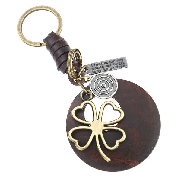 

fashion vintage punk woven leather geometric round wood alloy leaves key chain men's car backpack pendant jewelry accessories, Silver