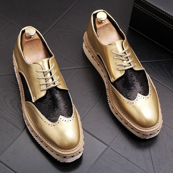 

men fashion party banquet dresses patent leather shoes carving brogue platform shoe vintage bullock footwear man sneakers, Black