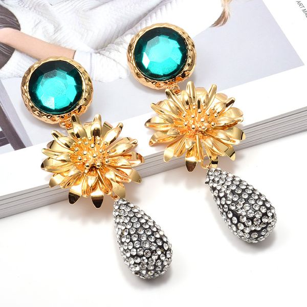 

new statement colorful flower-shaped metal rhinestone dangle long drop earrings wholesale crystals jewelry accessories for women, Silver
