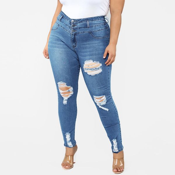 

2020 women high waist casual denim jeansslim plus size ripped hole long jeans denim regular pants women mom jeans#j30, Blue