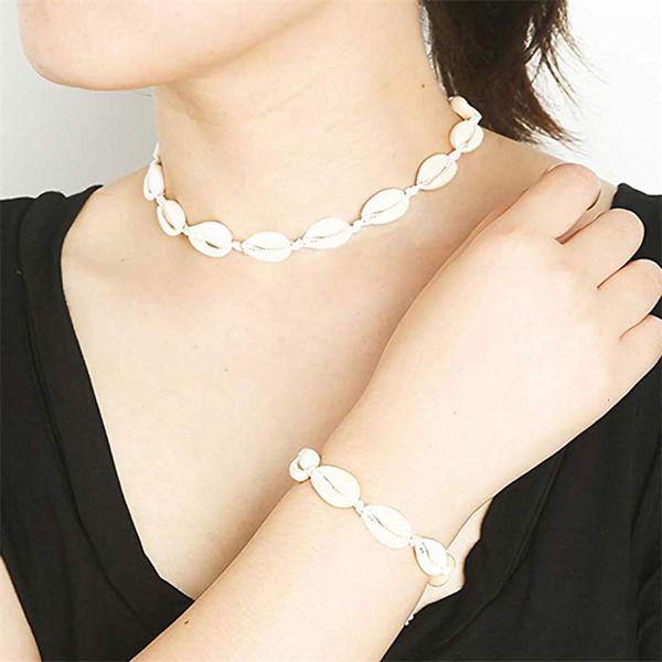 

2pcs natural shell necklace and bracelet set for women choker necklace adjustable hawaiian beach cowrie seashell set, Silver