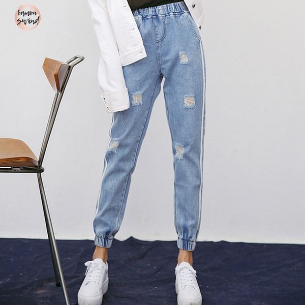 

harajuku свежие полосатые джинсы дыры аппликация ripped для женщин опрятный стиль упругой высокой талией джинсы femme jeans mujer дропшип 20, Blue