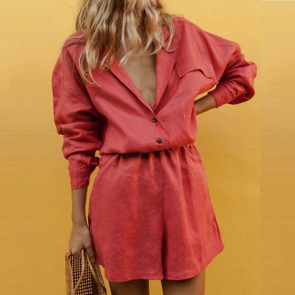 

feitong summer casual women's sets turn down collar long sleeve solid two piece outfits button pocket temperament short suit, White