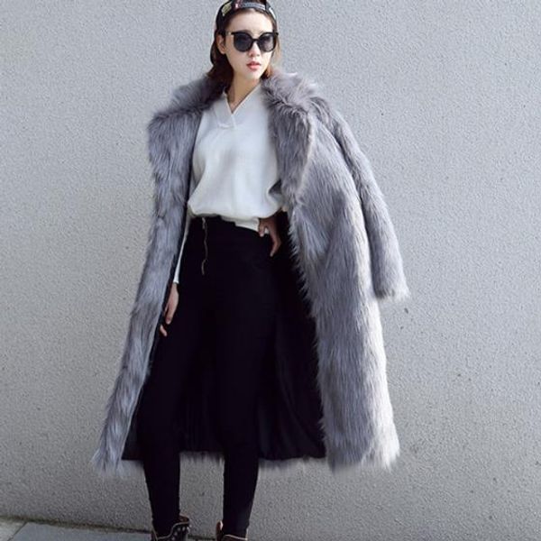 

furry women faux fur coat 2019 winter furry faux fur coat women turn-down collar long overcoats feminino jackets j103, Black