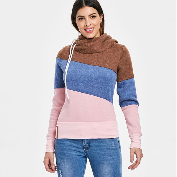 

casual color block long sleeves hoodie for women long sleeve autumn hooded sweatshirt patchwork seam drawstring hoodies, Black