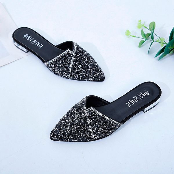 

sagace summer slippers female pointed heel square casual shoes bling low heel slippers female casual flat slippers 2020, Black