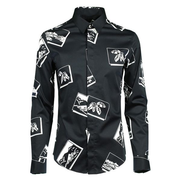 

mens конструктора повседневная рубашка весна черный и белый печатается с длинным рукавом хлопок slim fit homme рубашка, White;black