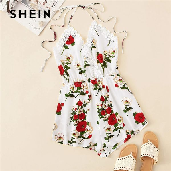 

shein boho lace trim knot backless floral halter romper women sleeveless v neck summer romper vacation womens jumpsuits, Black;white