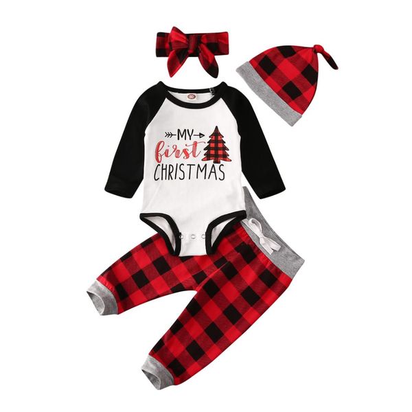

newborn baby christmas clothes 4pcs long sleeve romper+ plaid pants + headwear + hat 0-18m infant new year suit, White