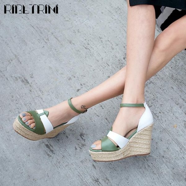 

ribetrini genuine leather girl platform open toe mixed color ankle strap wedges shoes women sandals casual sandals, Black