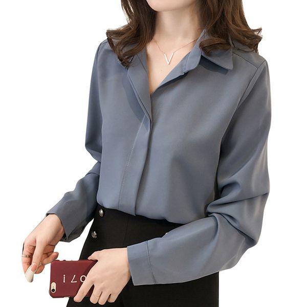 

loose button turn-down chiffon blouse autumn solid long sleeve womens and blouses ladies plus size women's shirt, White