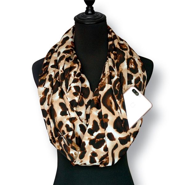 

women infinity leopard print winter warm infinity neck scarf pocket loop zipper pocket scarves foulard