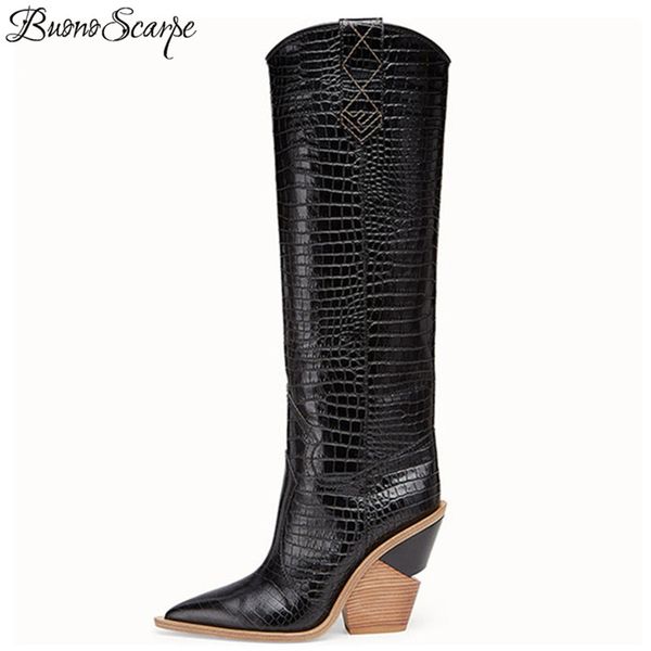 

embossed runway t show knee high boots pointed toe women wedges strange high heel knight boots western cowboy long, Black