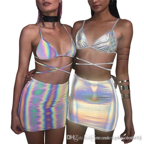 

женщины светоотражающие 2pcs костюмы лето sexy крест ремень бикини леди ночной клуб pencil платье женщины пляж для купания одежда, White