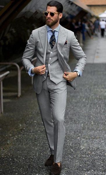 

light grey groom tuxedos peak lapel groomsman wedding 3 piece suit popular men business prom party jacket blazer(jacket+pants+tie+vest) 86, Black;gray