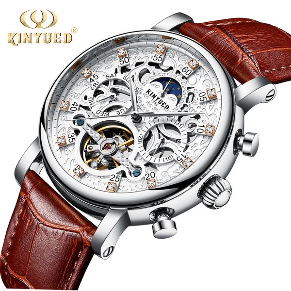 

kinyued skeleton automatic watch men sun moon phase waterproof mens tourbillon mechanical watches brand luxury wristwatches t200311, Slivery;brown