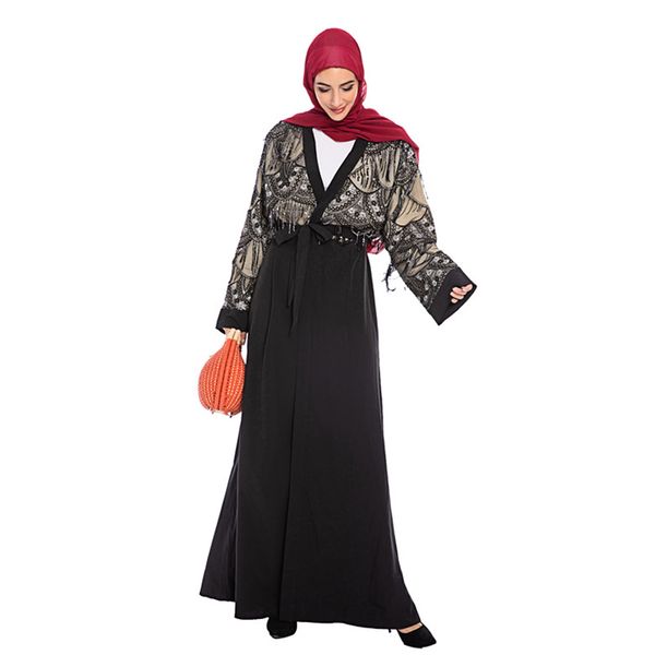 

muslim women sequined abaya full dress s-2xl plus size islamic women long sleeved tassel kaftan abaya, Red