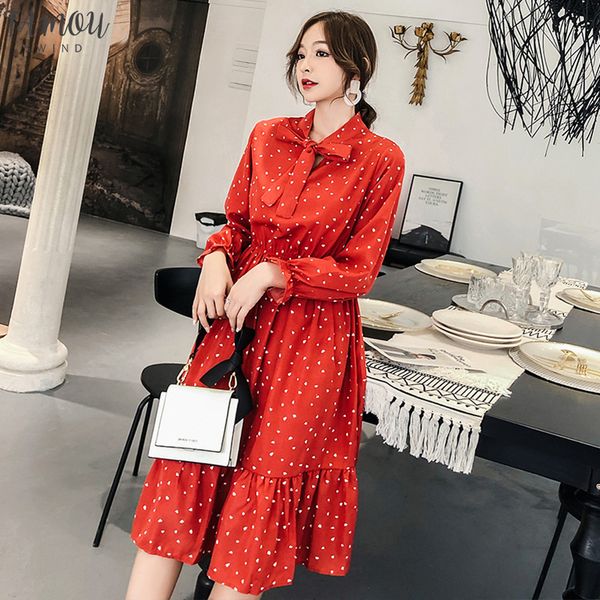 

2020 spring bow collar hearts print women chiffon dress elastic waist flare sleeve female dress elegant a-line vestidos, Black;gray