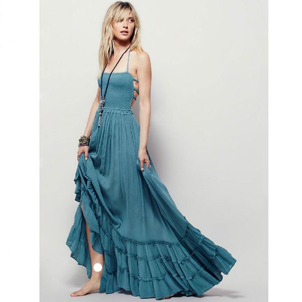 

summer crinkly strapless extratropical maxi dress halter neck tie beach dresses raw seam hem vestidos with low strappy back, Black;gray