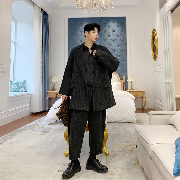 

men thick 2pcs suits sets (jacket+pant) male vintage streetwear hip hop oversize loose stripe suit coat trouser blazer outerwear, White;black