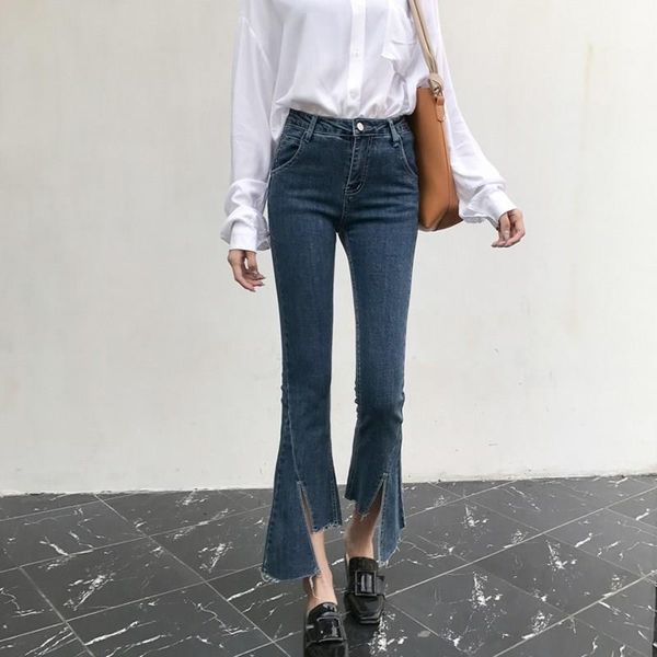 

korean women ankle-length pockets denim pants elegant blue high waist jeans all-match leisure zipper flare jeans