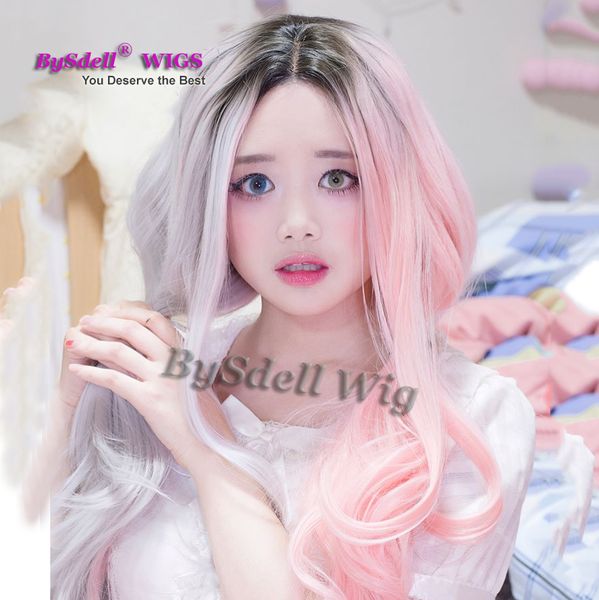 Harajuku Style Two Tone Grey Joint Pink Color Hair Wig With Short