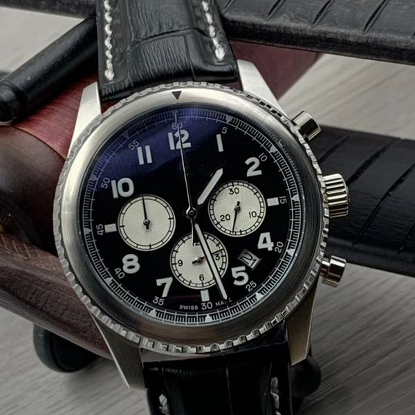 

limited edition авиатор 8 b01 кварцевый хронограф мужские часы 46mm серебристый корпус черный циферблат luminous наручные часы с черным реме, Slivery;brown