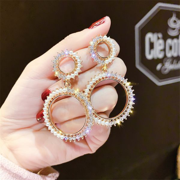 

s1255 fashion jewelry s925 silver post earrings pearl beads rhinstone circel dangle stud earrings